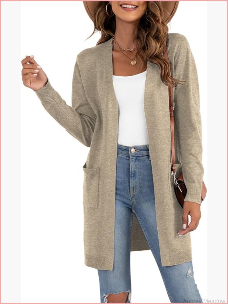 Classic Long Sleeve Open Front Knit Cardigan With Pockets